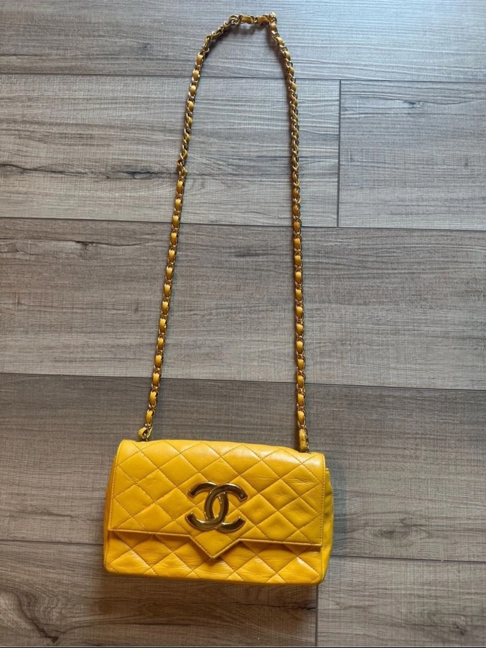 CHANEL Medium Yellow Quilted Leather Classic Double Flap Bag with Gold Chain - Picture 14 of 14